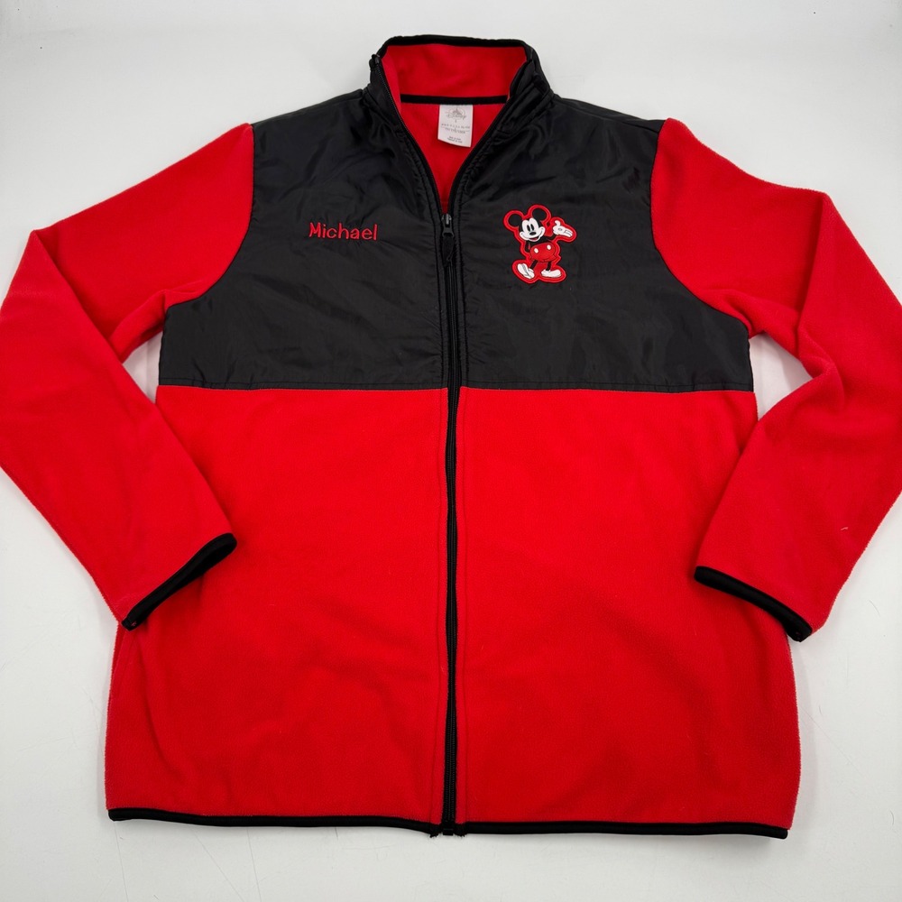 Disney Mickey Mouse‎ Full Zip Fleece Jacket Michael Embroidered Red Black Small